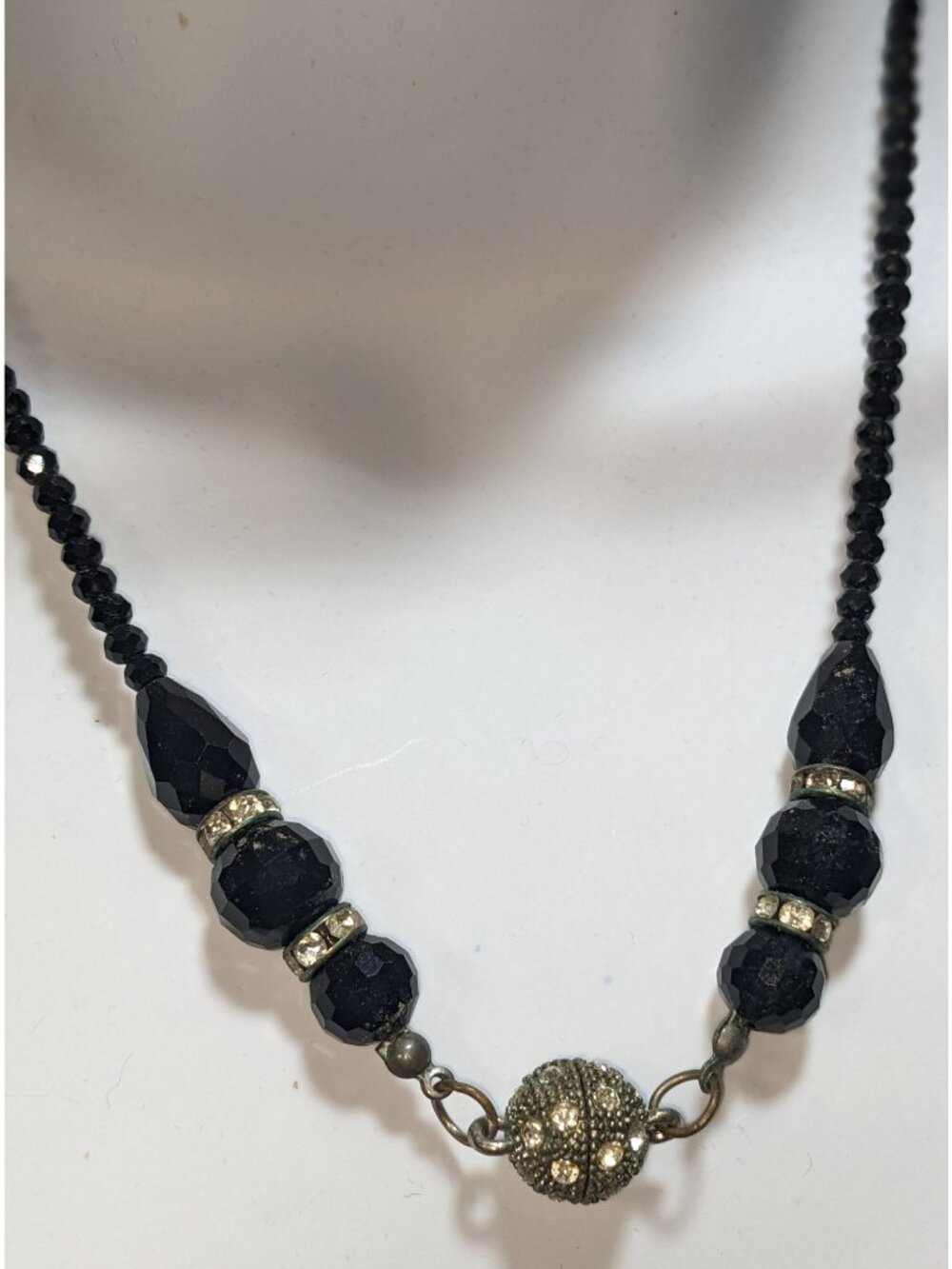 Vintage Glam Goth Black Beaded Necklace With Rhinestone Accented Magnetic Clasp